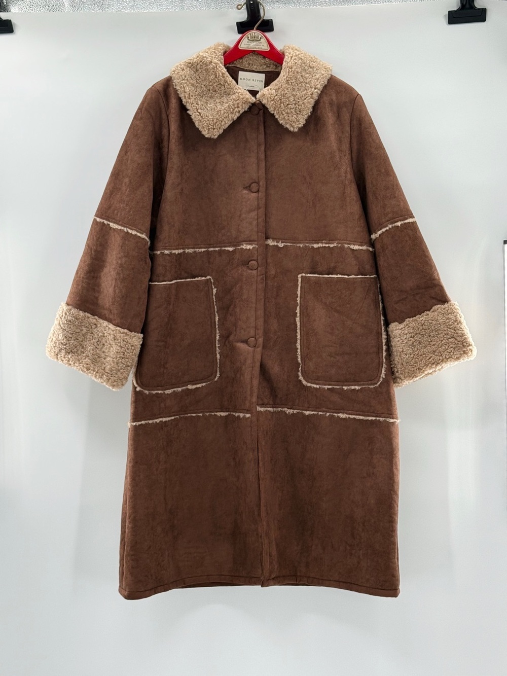 Moon River Faux Suede Sherpa Long Coat Large Brown Teddy Lined Long Coat